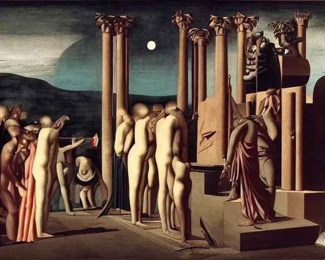 Prompt: a pagan ritual to summon the partying god by de chirico, giorgio