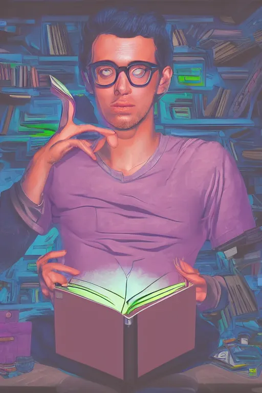 Prompt: digital painting of a magic nerdy guy reading a book in a cluttered messy bedroom, vaporwave, vaporwave colors, perfect face, detailed face, symmetrical face, fantasy, scifi, sci fi,