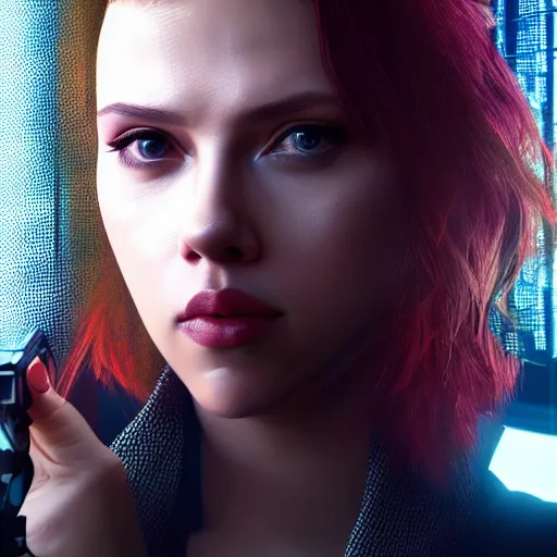 Image similar to scarlett johansson portrait, Cyberpunk 2077, cyberpsycho, photorealistic, ultra detailed, neon, octane, bokeh, cyber, cyberpunk city, feature, scars, cyberface, 8k