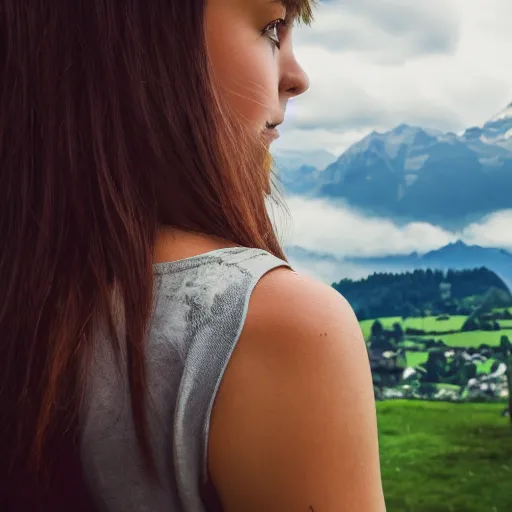 Image similar to a beautiful photograph of a girl with switzerland landscape in the background with trees, hdr, 8 k, high quality, sharp focus, artstation, highly detailed, award - winning, dramatic lighting, beautiful clouds, and nature