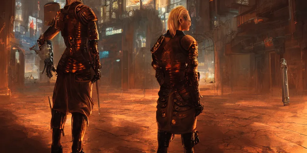 Prompt: A blonde medieval soldier seen from the back standing in front of a cyberpunk dystopian office with matrix style falling orange text in the background, cyberpunk, artstation