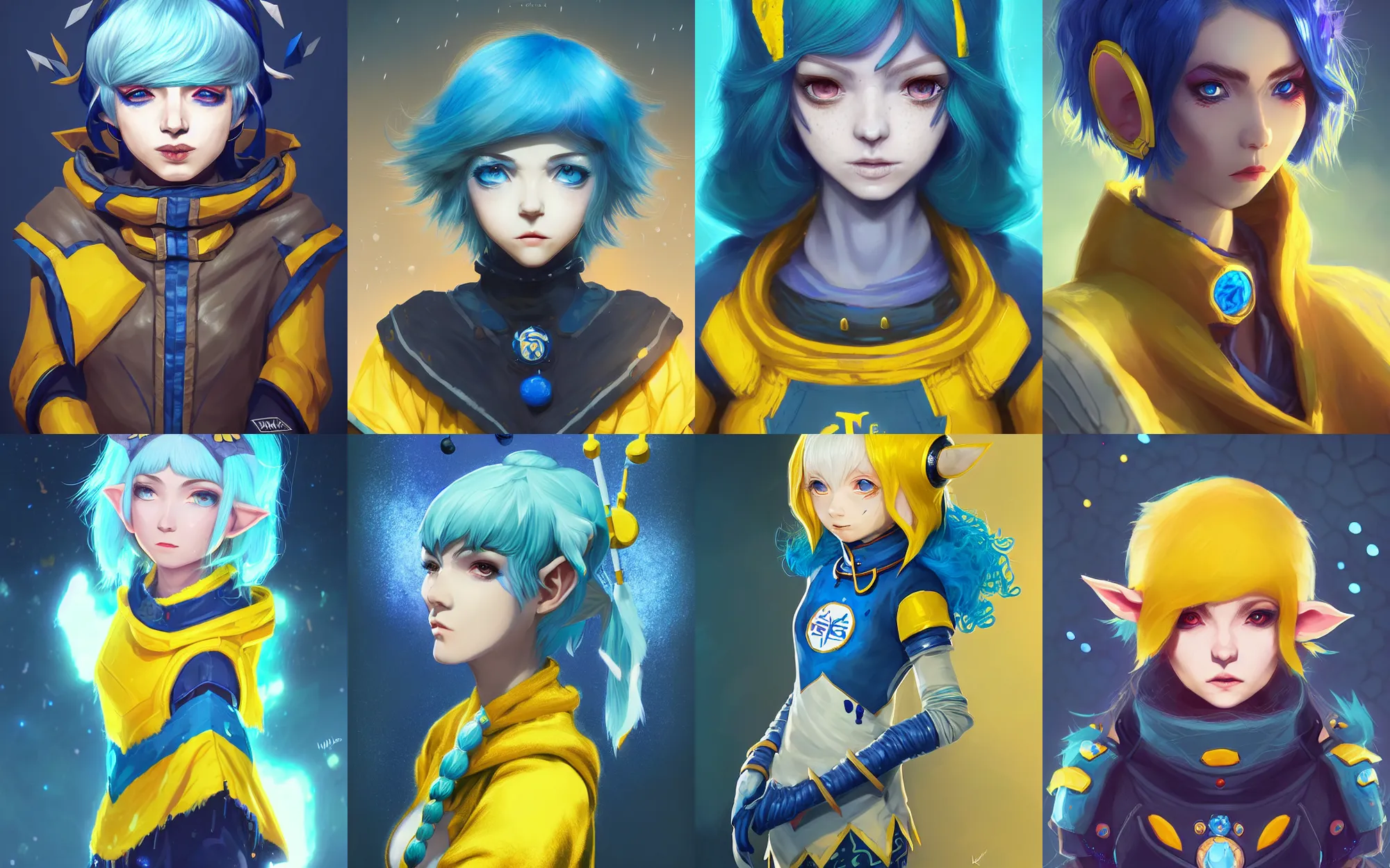 Prompt: league of legends portrait of an angry blue haired elf girl with a bob haircut with white freckles wearing a yellow poncho reminiscent of a spacesuit covered in badges by wlop and kuvshinov, digital art, cinematic lighting, symmetric