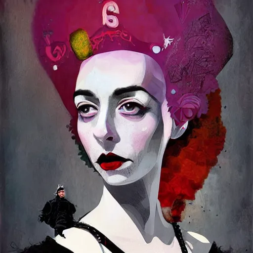 Prompt: surrealistic portrait of gothic punk young queen elizabeth 2 by james gilleard, alexander jansson, sam kieth, anna bocek, thick impasto, clear brush strokes, oil, ink, wash, scratches. octane rendered, unreal engine