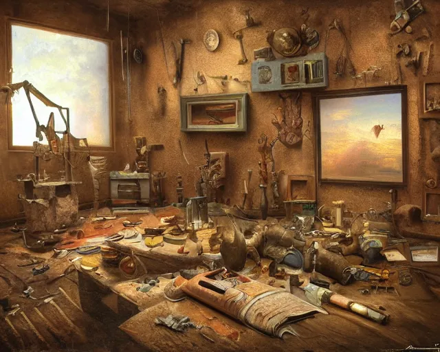 Prompt: a painting of a confusing room filled with unusual artifacts, an airbrush painting by breyten breytenbach, cgsociety!, neo - primitivism