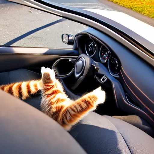 Image similar to top view of cabriolet, cat sitting in driver seat with paws resting on top of steering wheel, golden hour, top view