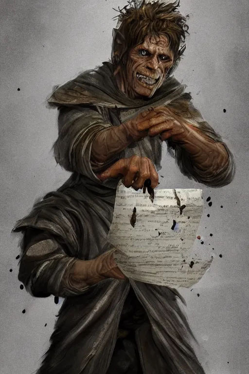 Prompt: A deranged tiny filthy halfling looking like Willem Dafoe wearing long dark damaged ripped robes showing a magic paper scroll, camera looking down upon, long fingernails, unclipped fingernails, sharp fingernails, focus on face, sharp focus, digital painting, trending on artstation, concept art, fantasy, medieval