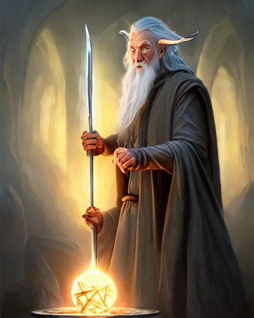 Image similar to Gandalf the grey casting a magic gigantic fork spell to summon army of electric forks, crimson led, glowing, D&D, fantasy, intricate, elegant, highly detailed, digital painting, artstation, concept art, matte, sharp focus, illustration, hearthstone, art by Artgerm and Greg Rutkowski and Alphonse Mucha