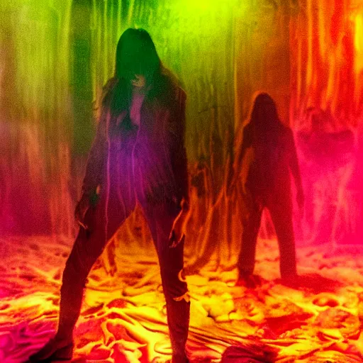 Image similar to big budget horror scene, chaos induce psychedelic colors, ultra definition, cinematic, professional lighting, liminal dark void craze, photograph by Lucifer