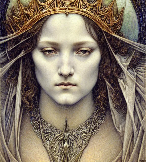 Image similar to detailed realistic beautiful young medieval queen face portrait by jean delville, gustave dore and marco mazzoni, art nouveau, symbolist, visionary, gothic, pre - raphaelite. horizontal symmetry