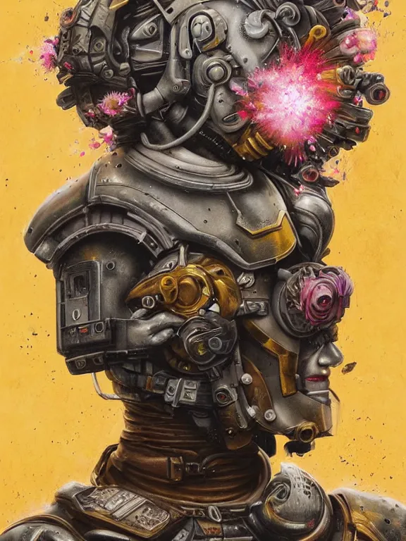 Prompt: art portrait of space marine in helmet with flowers exploding out of head,8k,by tristan eaton,Stanley Artgermm,Tom Bagshaw,Greg Rutkowski,Carne Griffiths,trending on DeviantArt,face enhance,hyper detailed,minimalist,cybernetic, android, blade runner,full of colour,