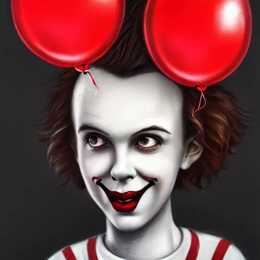 Prompt: surrealism grunge cartoon portrait sketch of millie bobbie brown with a wide smile and a red balloon by - michael karcz, loony toons style, pennywise style, horror theme, detailed, elegant, intricate