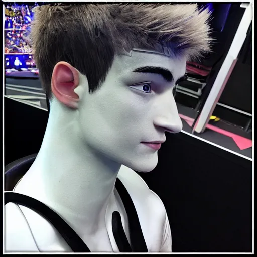 Image similar to “a realistic detailed photo of a guy who is an attractive humanoid who is half robot and half humanoid, who is a male android, twitch streamer Ninja Tyler Blevins, shiny skin, posing like a statue, blank stare, on a gaming chair streaming”