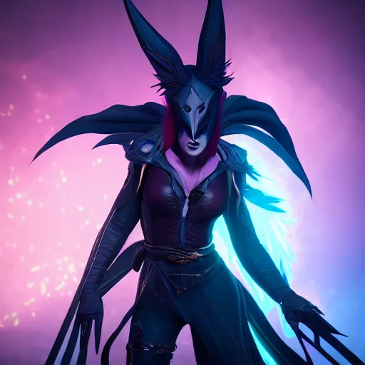 Prompt: xayah the rebel, unreal engine, by weta digital, editorial photography, 3 - dimensional, happy, good, rays of shimmering light, best friends with kai'sa daughter of the void