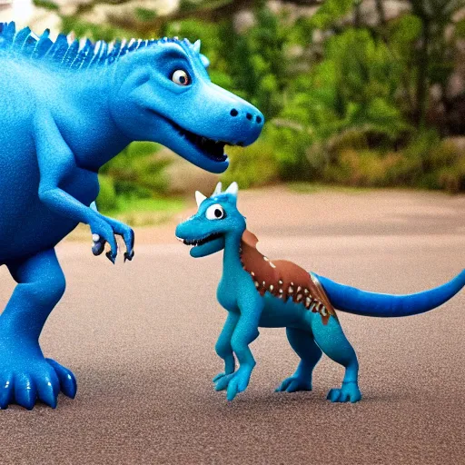 Prompt: bluey heeler meeting a dinosaur, disney cartoon