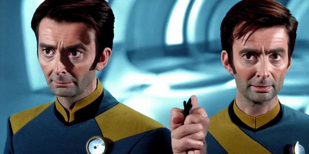 Image similar to David Tennant as Doctor Who, in Starfleet uniform, in the role of Captain Kirk in a scene from Star Trek the original series