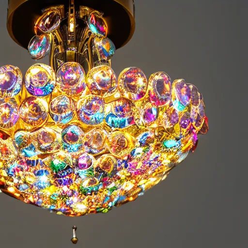 Prompt: complex cristal chandelier with anatomic description , gems, gold, bright colors ultrawide lens, details, studio lighting, realism, complex lights