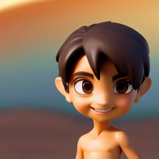 Image similar to profile view of young aladdin as nendoroid walking in a desert in the croods movie style, anime, disney, pixar, 8 k, hd, dof, kodak film, volumetric lighting, subsurface scattering, photorealistic, octane render, details