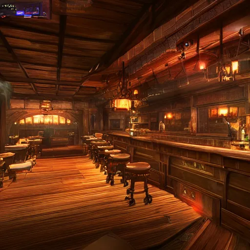 Prompt: Inside a bar in Gridania, FFXIV, high quality, warm lighting, matte painting