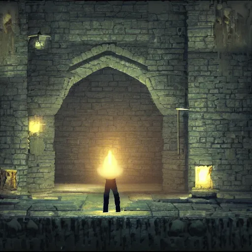 Image similar to a man holds a torch and explores a Dungeon, luminous,Screenshot from a videogame