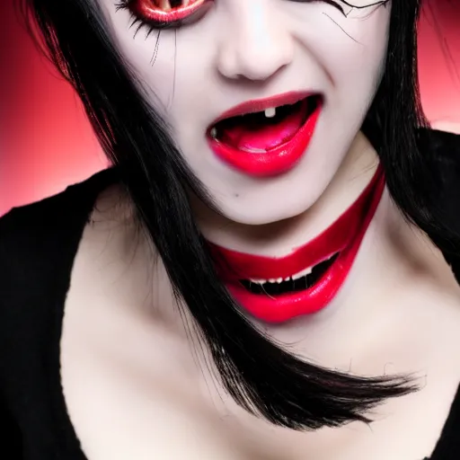 Image similar to A black haired female vampire shows her fangs, intricate, dramatic lighting, film, 4k resolution