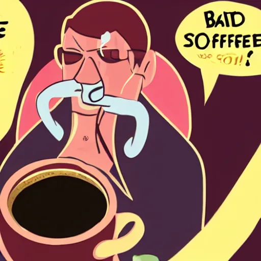 Prompt: bad coffee, personification, smoking, mean coffee cup