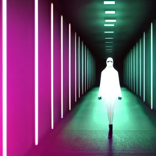 Image similar to long dark corridor with neon purple lights illuminating a woman in a plain, white mask, and wielding a crowbar, standing at the end of the corridor. high quality, ultra detail, realistic, reflective, raytraced reflections, dark corridor, neon purple lights