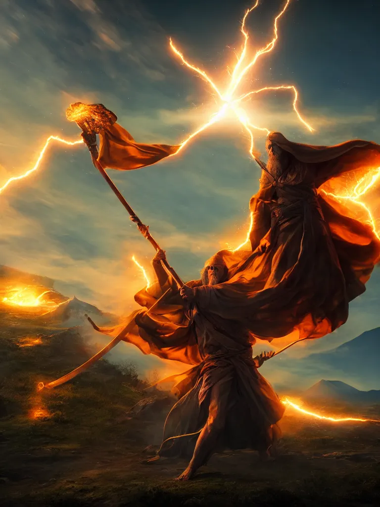 Image similar to levitating wizard wielding a spear, opening a shining portal, night sky, horizon of an erupting volcano, 4 k, ultra realistic, detailed, epic lighting, high detail, masterpiece, trending on artstation