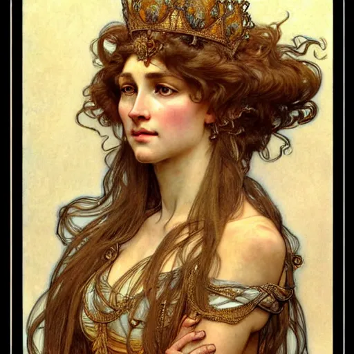 Image similar to highly detailed portrait of a majestic lioness queen in the form of a beautiful woman. d & d, art by anton pieck and augustus edwin mulready and alphonse mucha. trending on artstation, intricate details, energetic composition, golden ratio, concept art, illustration, elegant art