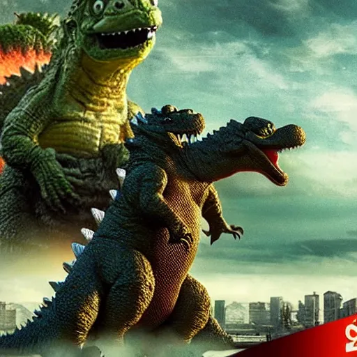 Image similar to yoshi vs godzilla