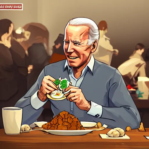 Image similar to happy biden eats dumplings, concept art, trending on artstation, highly detailed, intricate, sharp focus, digital art, 8 k