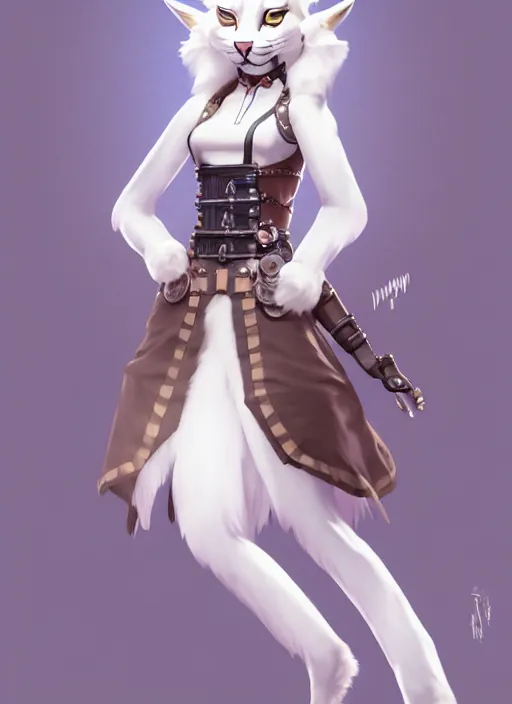 Image similar to wide angle beautiful full body portrait of a strong female anthropomorphic anthro white lynx fursona wearing a steampunk dress. character design by disney, anime, manga, charlie bowater, ross tran, artgerm, and makoto shinkai, detailed, soft lighting, rendered in octane