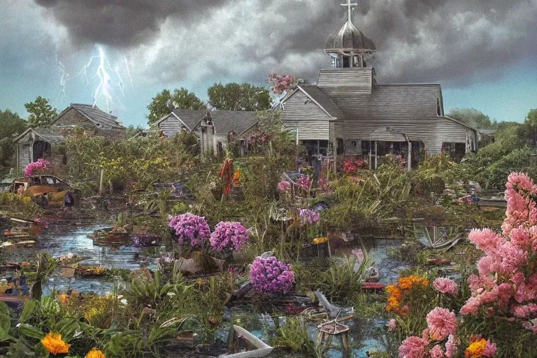 Image similar to hyperrealism, scene from church, thunderstorm, starship, junkyard, louisiana swamps, orange blooming flowers garden, 8 k, 8 0 s japanese sci - fi books art