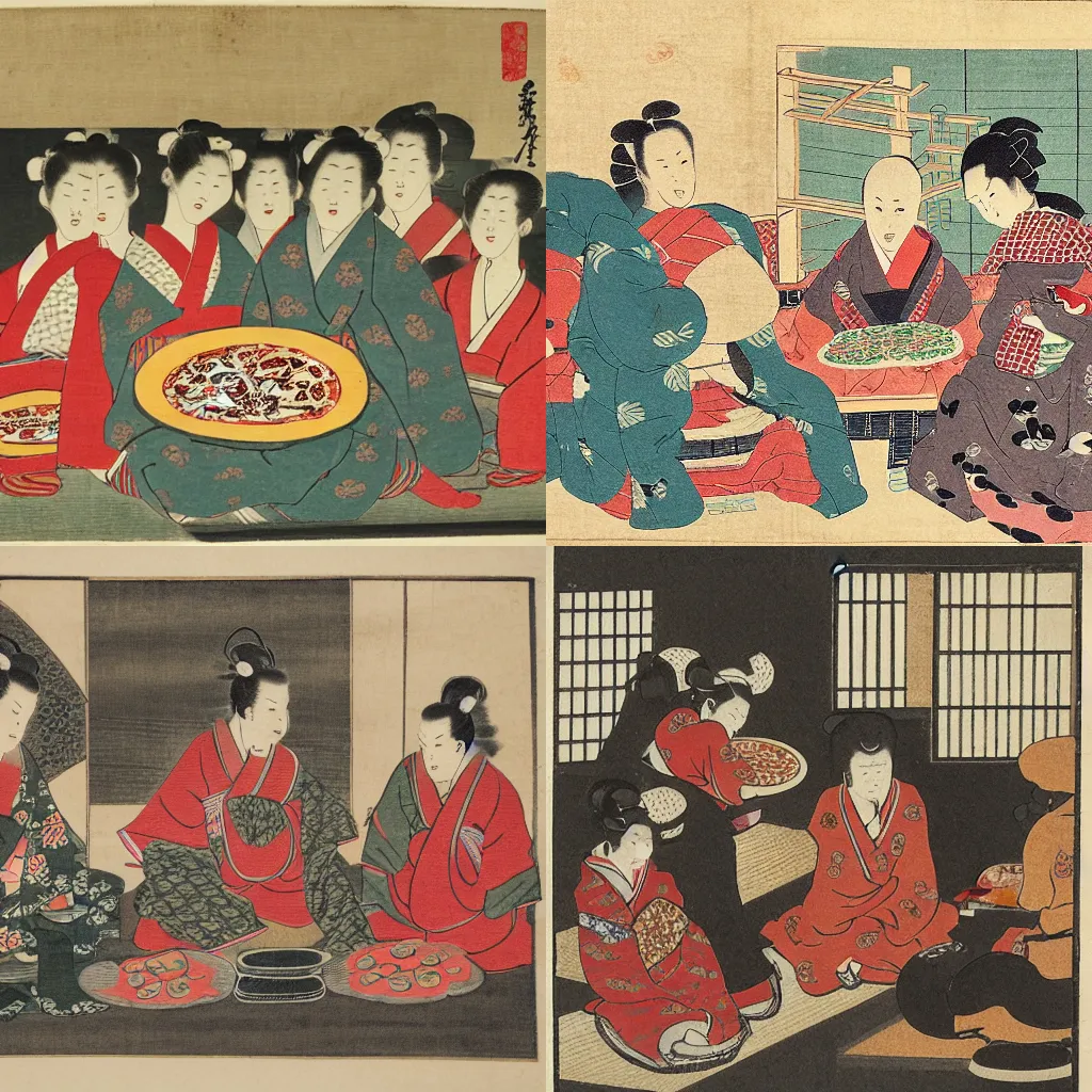 Prompt: people eating pizza, 18th century japanese print,