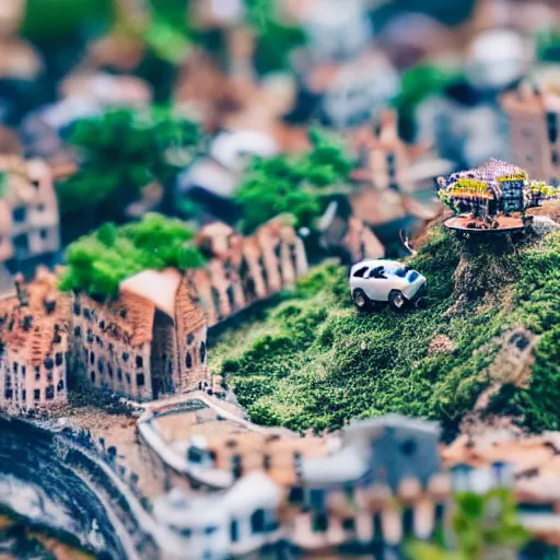 Prompt: macro photo of a miniature secret hidden world with tiny buildings and people invaded by giant ants