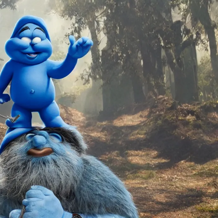 Image similar to jack black as papa smurf live action movie, 8 k,