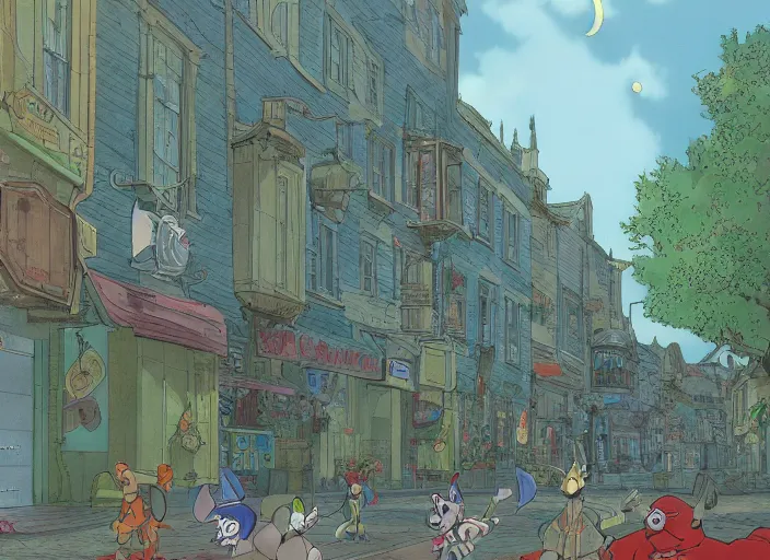 Image similar to now we creep through streets every night, through the windows, leaning out the sides, animated by don bluth, 8 k scan, vivid color