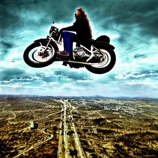 Prompt: a biker in the air, Photography, hyperrealistic