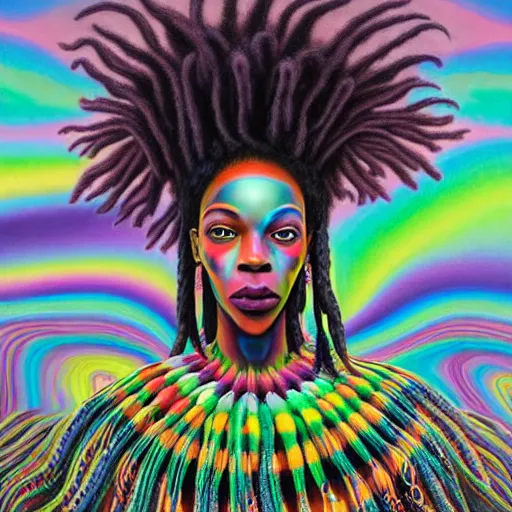 Image similar to a wide angle shot of a black girl with colorful dreadlocks in a field of candy, by Adi granov and afarin sajedi and amanda sage and evgeni gordiets and Agostino Arrivabene and adonna khare in a psychedelic portrait style, ultrarealistic matte painting, volumetric lighting, fractal, extremely symmetrical, highly detailed face, orisha, 8k, hd