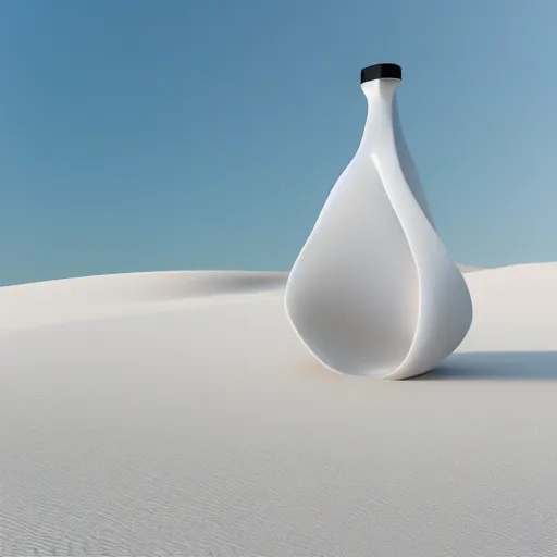 Image similar to perfume bottle buried in mounds of desert white sand on a zen clean modern minimalist beach with an ocean view, frozen and covered in ice, by peter tarka in an ivory room well contoured smooth fair walls, zaha hadid octane highly render, 4 k, ultra hd,