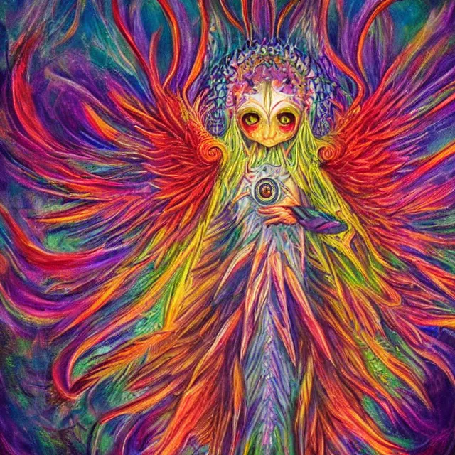 Image similar to angelic ophanim Lovecraftian celestial covered in eyes feathers and wings, oil painting award winning, chromatic aberration sharp colors, symmetrical geometry sublime angel covered in eyes be not afraid