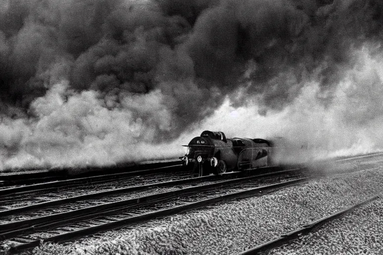 Image similar to black and white photograph of the lner a 4 mallard thundering down the rails at high speed, black smoke wooshing from the locomotive, cinematic, volumetric light, f 6 aperture, cinematic eastman 5 3 8 4 film