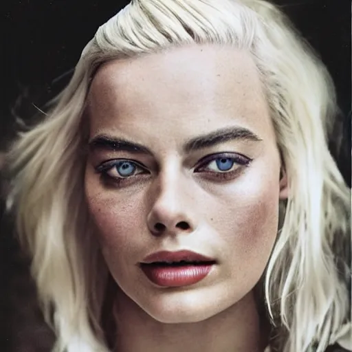 Image similar to photo of margot robbie as a paladin, full platinum blond, bleached eyebrows, pale skin, freckle, by vivian maier, realistic, high detail, high quality, trending on pinteresst