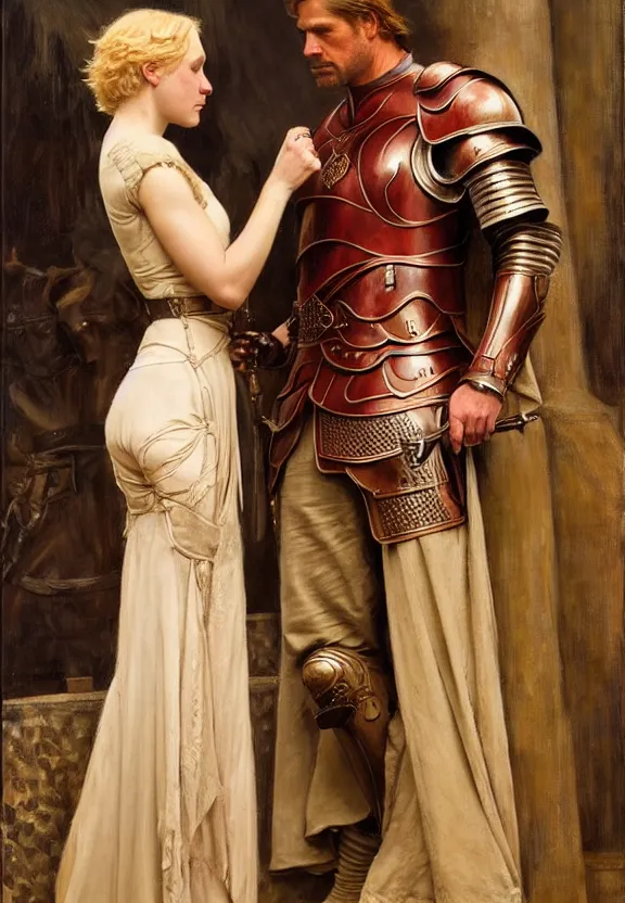 Image similar to attractive handsome fully clothed jaime lannister confesses his love for attractive fully armored brienne of tarth. highly detailed painting by gaston bussiere and j. c. leyendecker 8 k