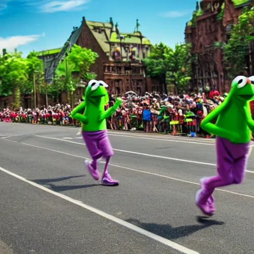 Prompt: Kermit the frog running a marathon photo 4k hd