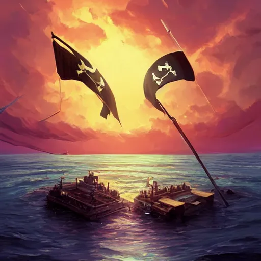 Prompt: two large pirates ship floating on top of a body of water at sunset, fighting each other, pirates flag , cgsociety, fantasy art, 2d game art, concept art , ambient occlusion, bokeh, behance hd , concept art by Jesper Ejsing, by RHADS, Makoto Shinkai Cyril Rolando