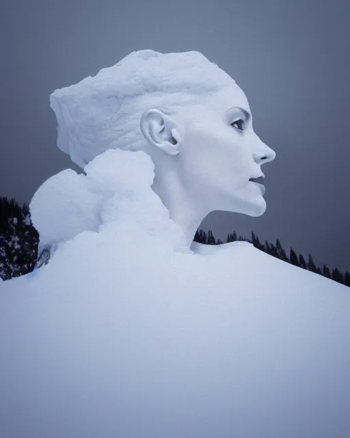 Prompt: a woman's face in profile, made of a snow capped Swiss mountain, in the style of the Dutch masters and Gregory Crewdson, dark and moody