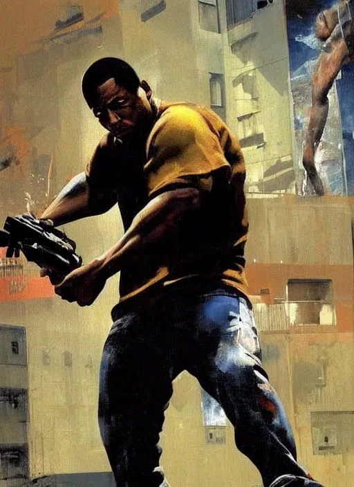 Prompt: cj in san andreas, painting by phil hale, fransico goya,'action lines '!!!, graphic style, visible brushstrokes, motion blur, blurry, visible paint texture, crisp hd image