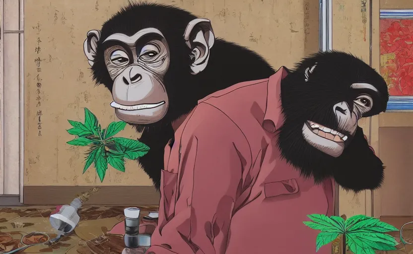 Prompt: a funny chimpanzee smoking weed in a rundown apartment, digital painting masterpiece, painted by joji morikawa, by osamu tezuka, by yukito kishiro, by ikuto yamashita, 4 k wallpaper, beautiful, gorgeous, intricate detail