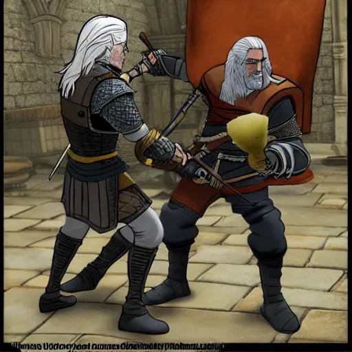 Prompt: geralt of rivia in anor londo fighting against spongebob by dafna winchester