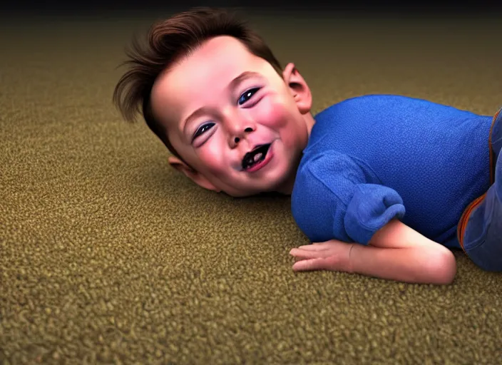 Image similar to toddler elon musk lying on a shaggy rug playing with his space rockets, realistic materials, pbr, beautiful soft lighting, artstation